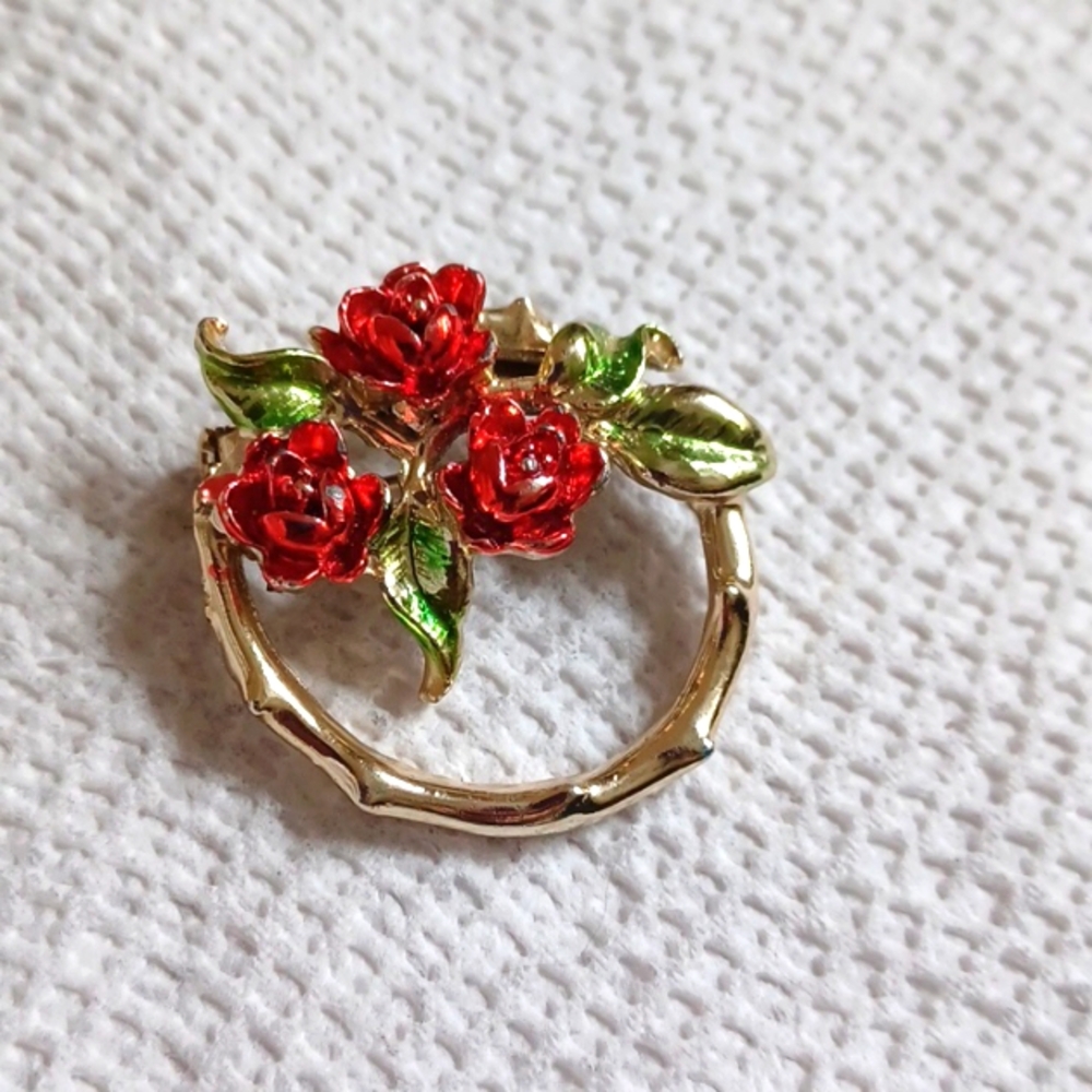 Vintage Silver-tone Enamel Red Roses Pin Brooch Signed ME